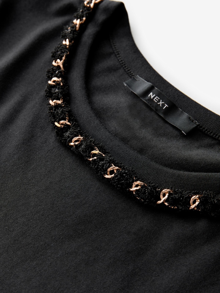 Black/Gold Chain Neck Detail 100% Cotton T-Shirt - Image 7 of 8