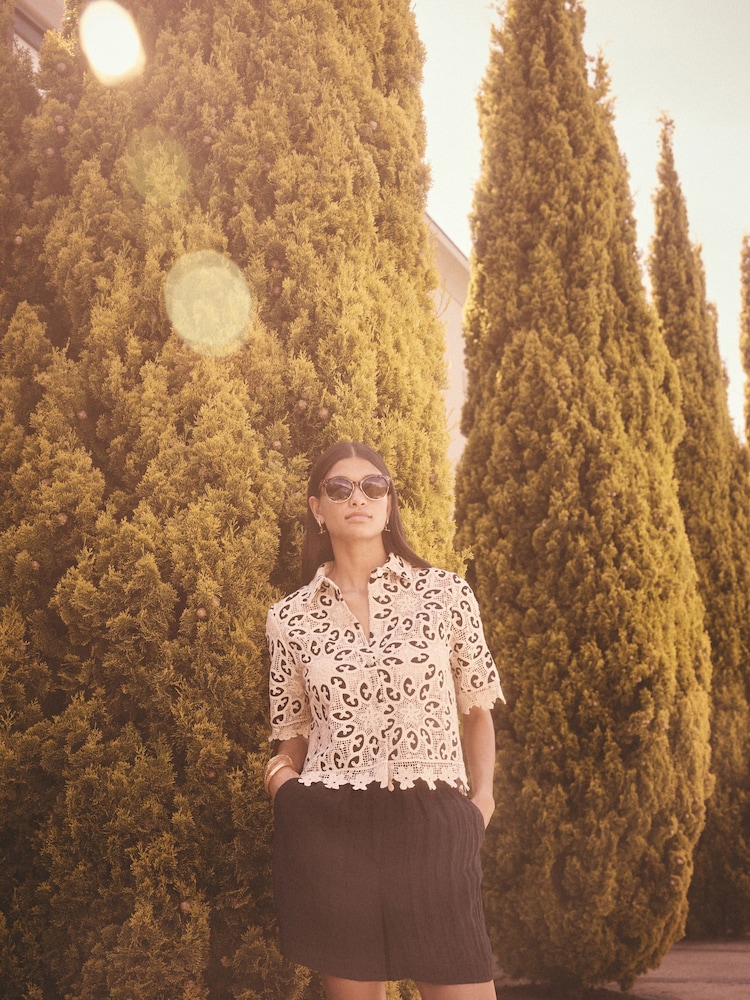 Black/Ecru N. Premium Crochet Lace Short Sleeve Shirt - Image 2 of 8