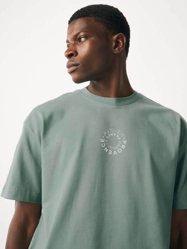 White/Green/Neutral Relaxed Fit Graphic Print Heavyweight 100% Cotton T-Shirt - Image 7 of 12