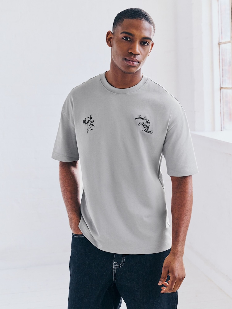 Ecru/Black/Grey Relaxed Fit Graphic Print Heavyweight 100% Cotton T-Shirt - Image 10 of 16