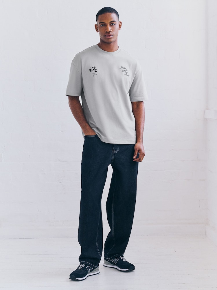 Ecru/Black/Grey Relaxed Fit Graphic Print Heavyweight 100% Cotton T-Shirt - Image 11 of 16