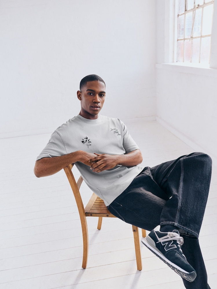 Ecru/Black/Grey Relaxed Fit Graphic Print Heavyweight 100% Cotton T-Shirt - Image 13 of 16