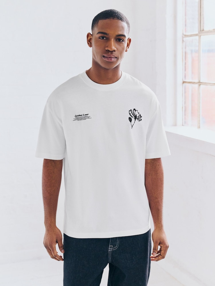 Ecru/Black/Grey Relaxed Fit Graphic Print Heavyweight 100% Cotton T-Shirt - Image 15 of 16