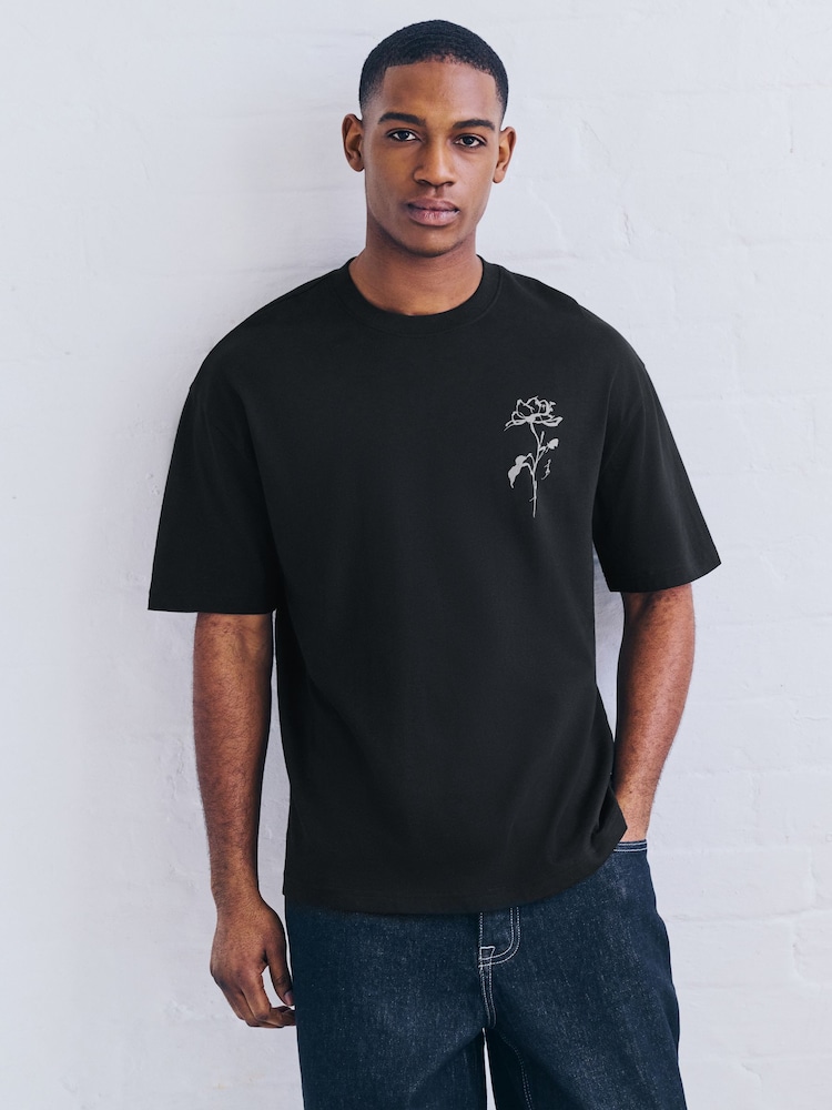 Ecru/Black/Grey Relaxed Fit Graphic Print Heavyweight 100% Cotton T-Shirt - Image 16 of 16