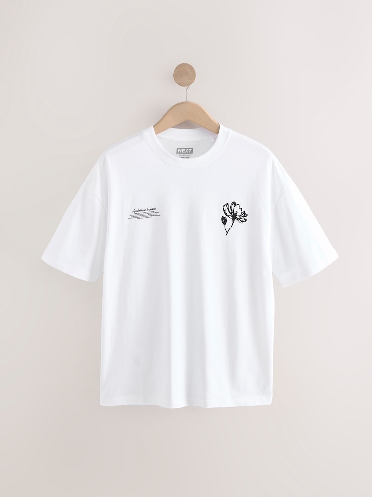 Ecru/Black/Grey Relaxed Fit Graphic Print Heavyweight 100% Cotton T-Shirt - Image 2 of 16