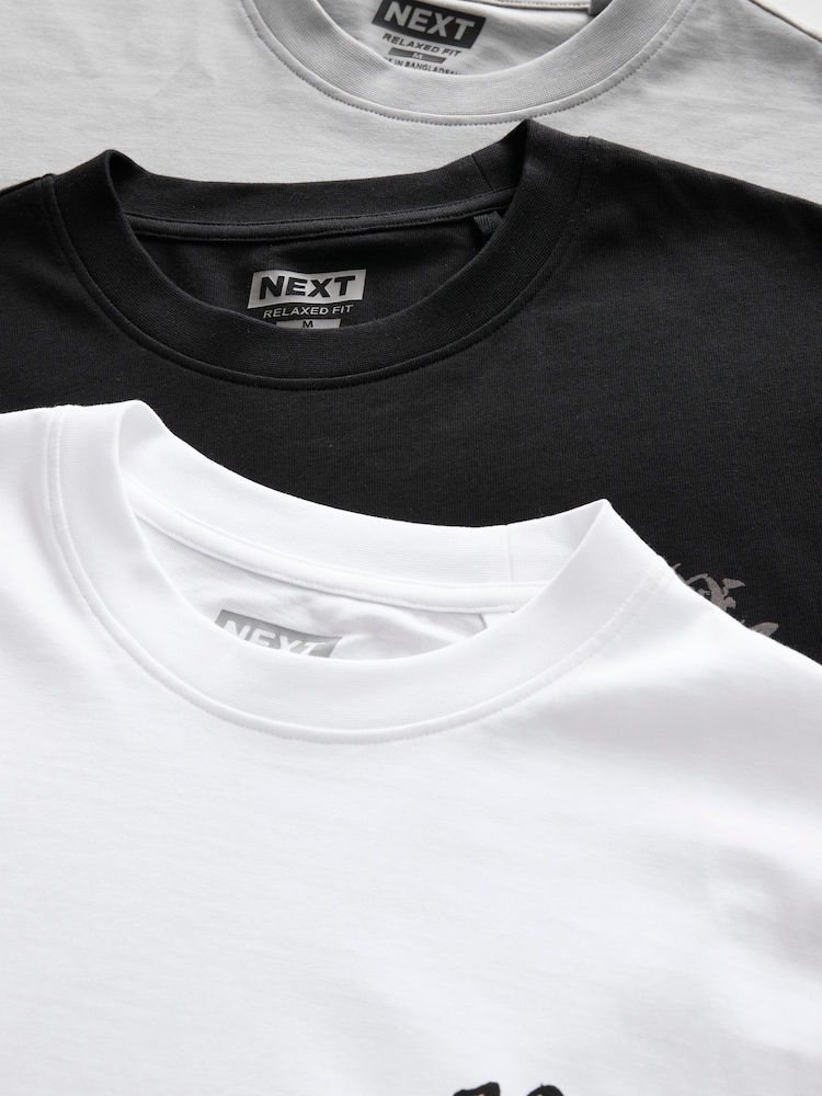 Ecru/Black/Grey Relaxed Fit Graphic Print Heavyweight 100% Cotton T-Shirt - Image 8 of 16
