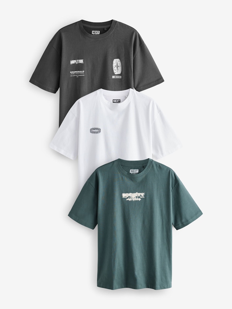 Blanc/Noir/Vert - T-shirt décontracté imprimé à imprimé épais 100% coton - Image 1 of 16