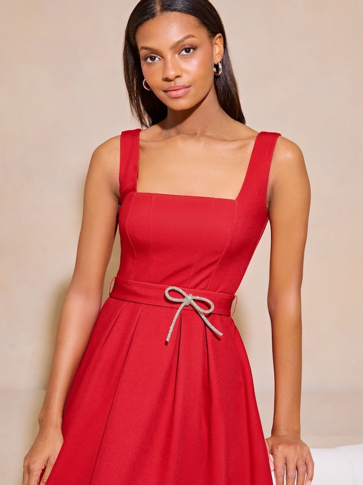 Lipsy Red Premium Diamante Bow Belt Midi Dress - Image 5 of 6