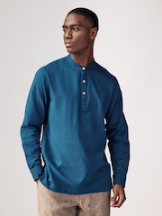 Navy Blue Textured Long Sleeve 100% Cotton Kurta - Image 1 of 7