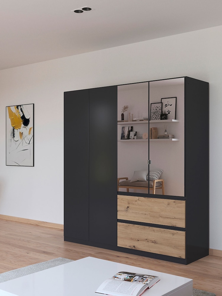 Rauch Grey Oak Fosta Wood and Mirror Semi Fitted 4 Door Wardrobe - Image 1 of 6