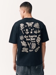 Noir motif tatouage - Coupe ample - T-shirt épais imprimé graphique - Image 1 de 9