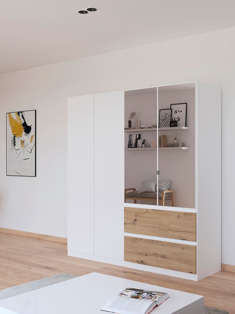 Rauch White Oak Fosta Wood and Mirror Semi Fitted 4 Door Wardrobe - Image 1 of 4