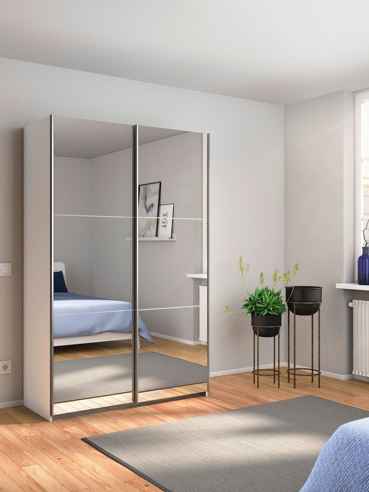 Rauch White Reflection Mirror Sliding Semi Fitted 1.3m Sliding Wardrobe with Additional Interior Shelves - Image 1 of 5