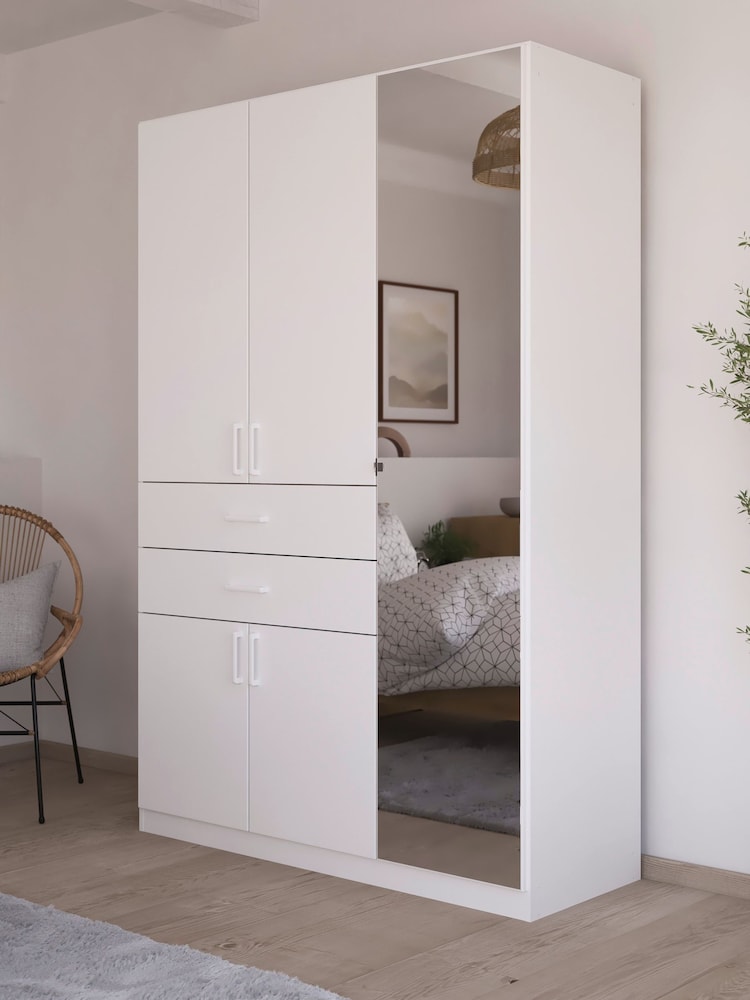 Rauch White Laika Wood and Mirror Semi Fitted 5 Door, 2 Drawer Wardrobe - Image 1 of 5