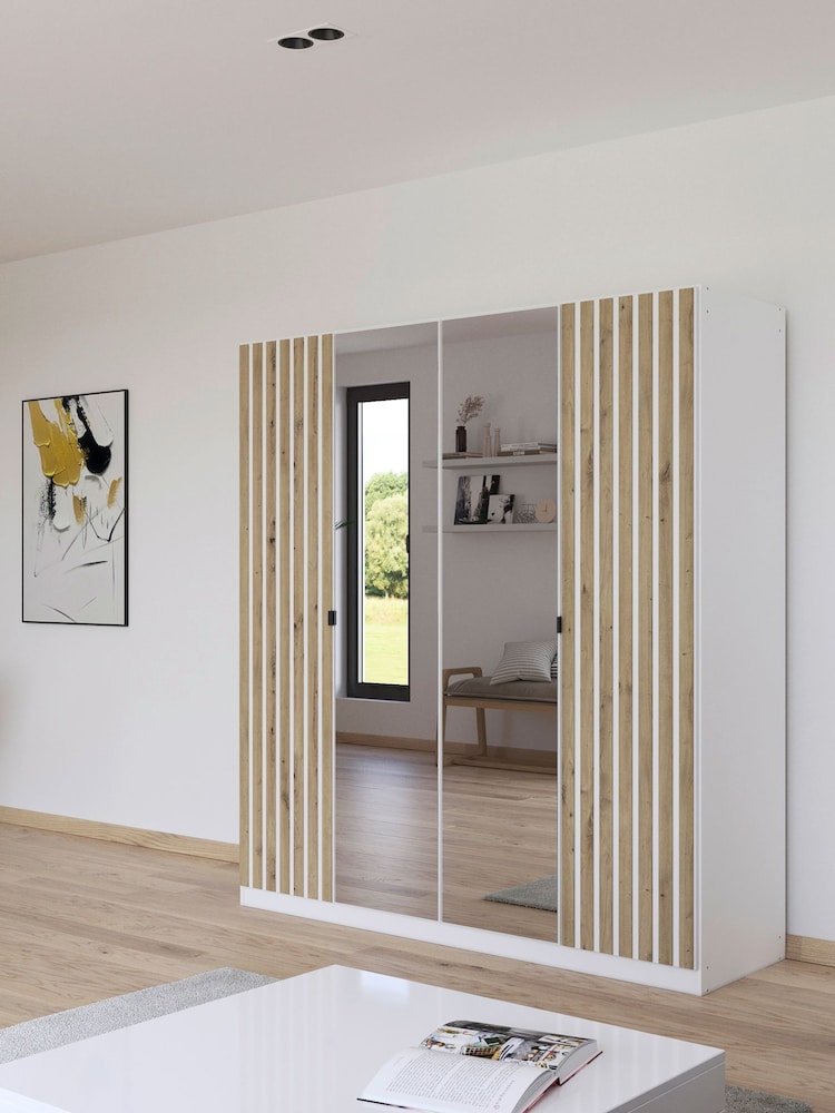 Rauch White Genova Wood and Mirror 4 Door Semi Fitted Wardrobe - Image 1 of 5