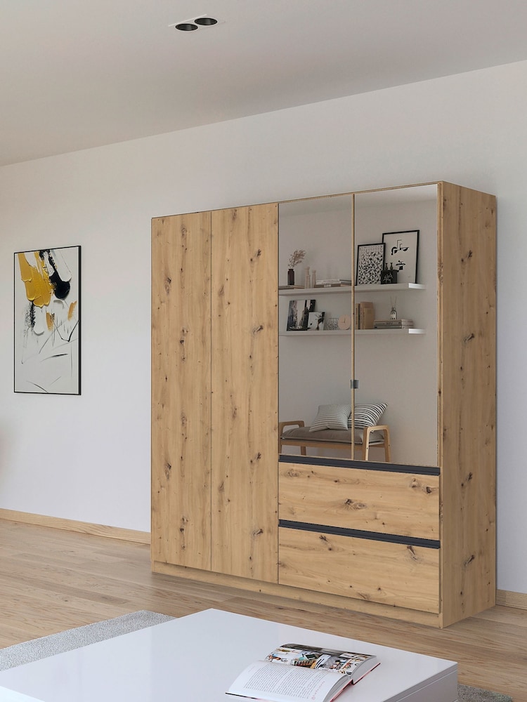 Rauch Natural Fosta Wood and Mirror Semi Fitted 4 Door Wardrobe - Image 1 of 4