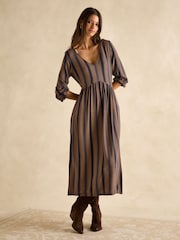 Joules Nia Navy Blue & Tan V-Neck Long Sleeve Midaxi Dress - Image 1 of 6