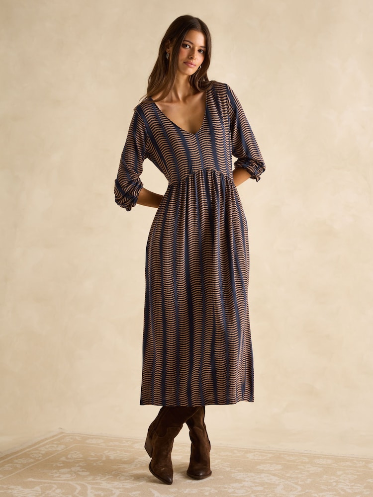 Joules Nia Navy Blue & Tan V-Neck Long Sleeve Midaxi Dress - Image 1 of 6