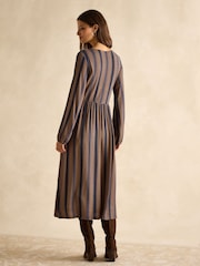 Joules Nia Navy Blue & Tan V-Neck Long Sleeve Midaxi Dress - Image 2 of 6
