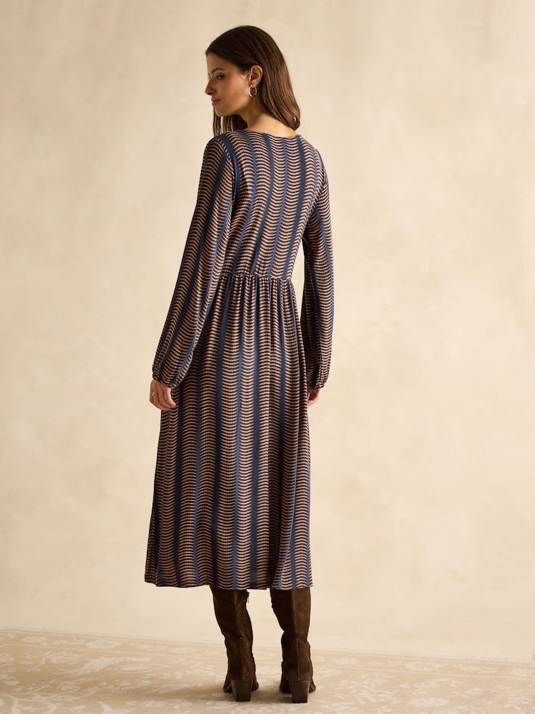 Joules Nia Navy Blue & Tan V-Neck Long Sleeve Midaxi Dress - Image 2 of 6