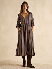 Joules Nia Navy Blue & Tan V-Neck Long Sleeve Midaxi Dress - Image 3 of 6