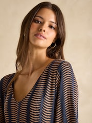 Joules Nia Navy Blue & Tan V-Neck Long Sleeve Midaxi Dress - Image 4 of 6