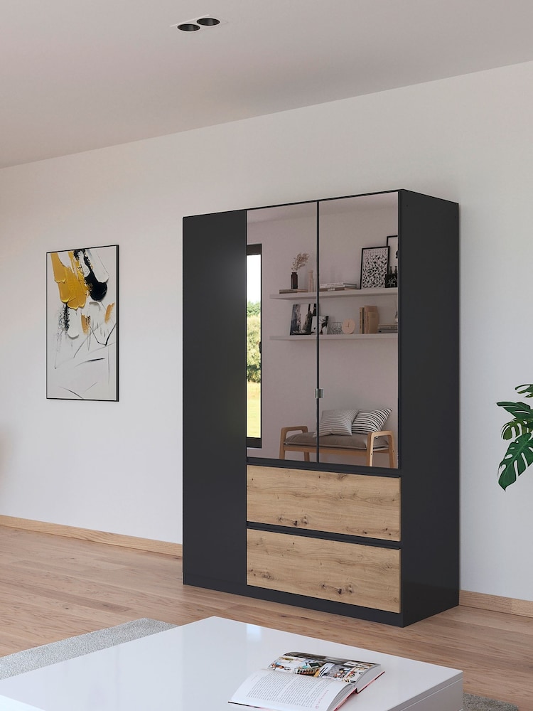 Rauch Grey Oak Fosta Wood and Mirror Semi Fitted Triple Wardrobe - Image 1 of 6