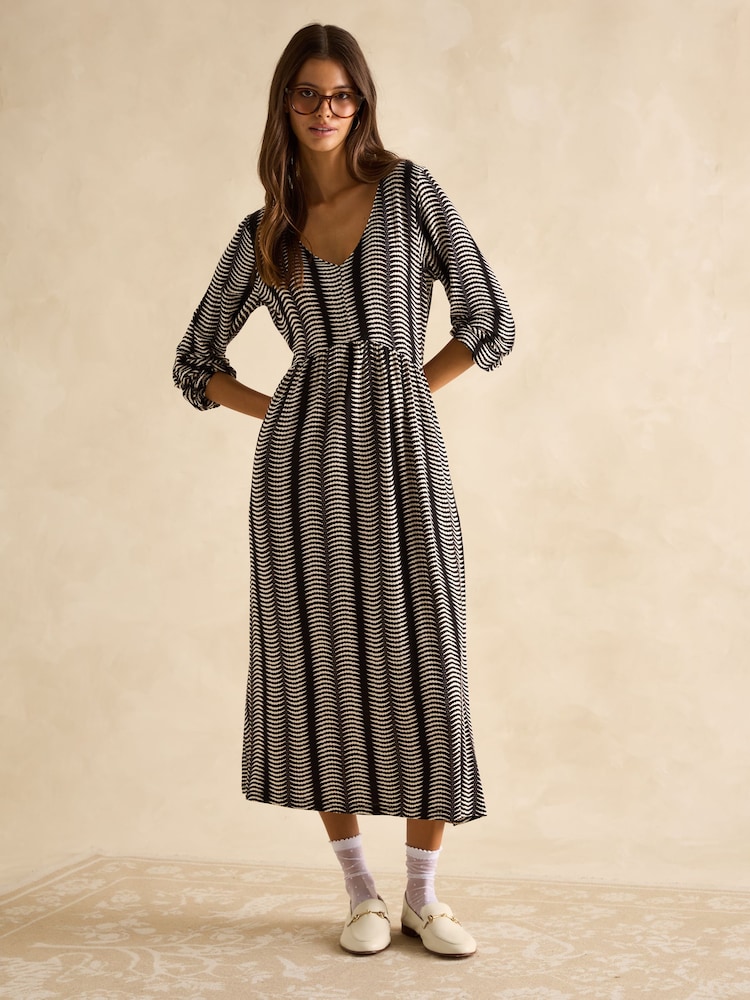 Joules Nia Black & Tan V-Neck Long Sleeve Midaxi Dress - Image 1 of 6