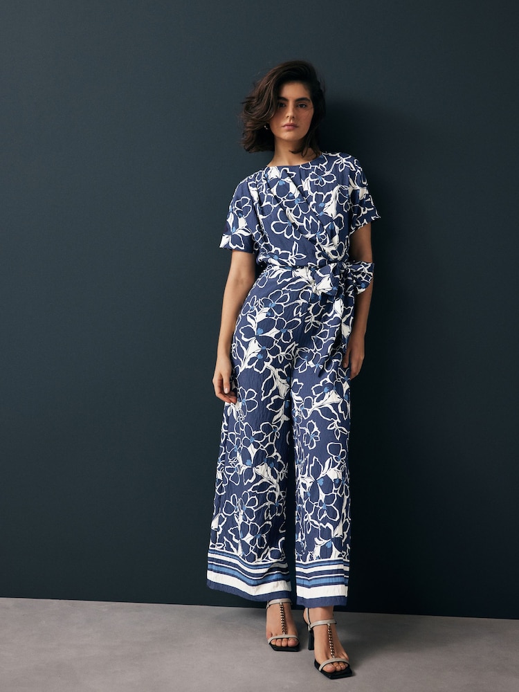 Navy Floral Tie Waist Detail Jumpsuit - Image 1 of 8