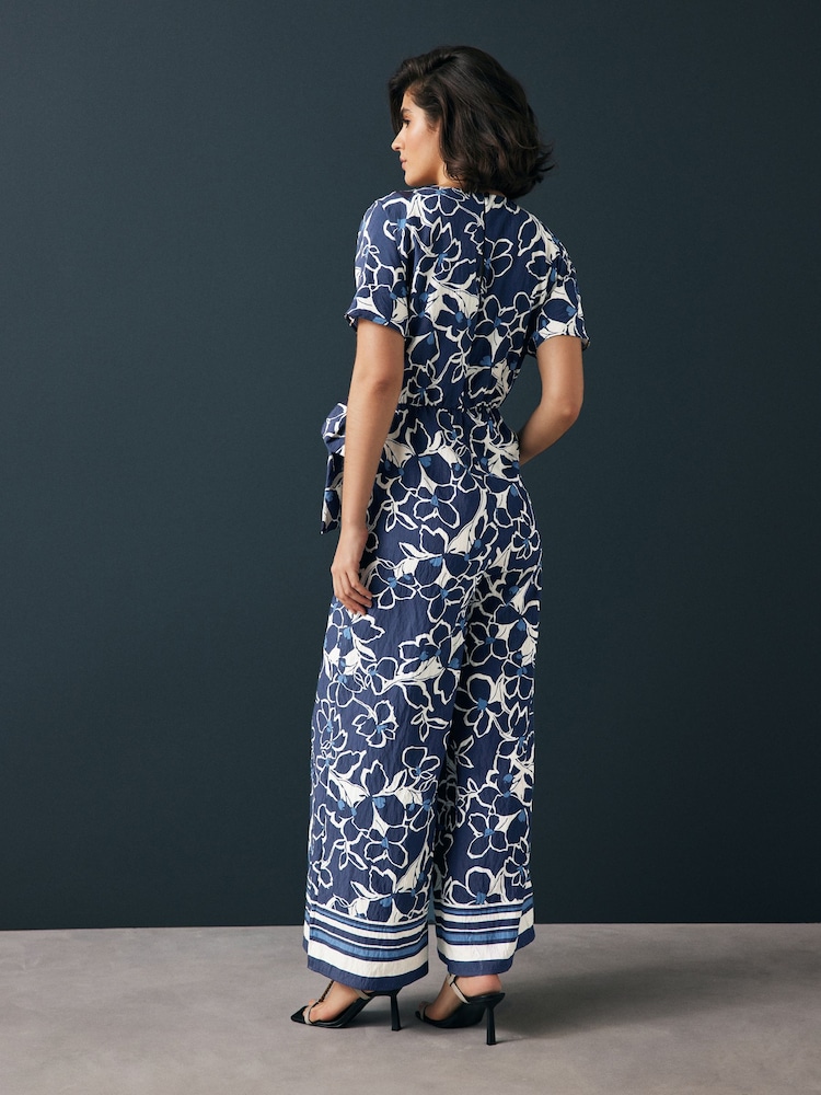 Navy Floral Tie Waist Detail Jumpsuit - Image 2 of 8