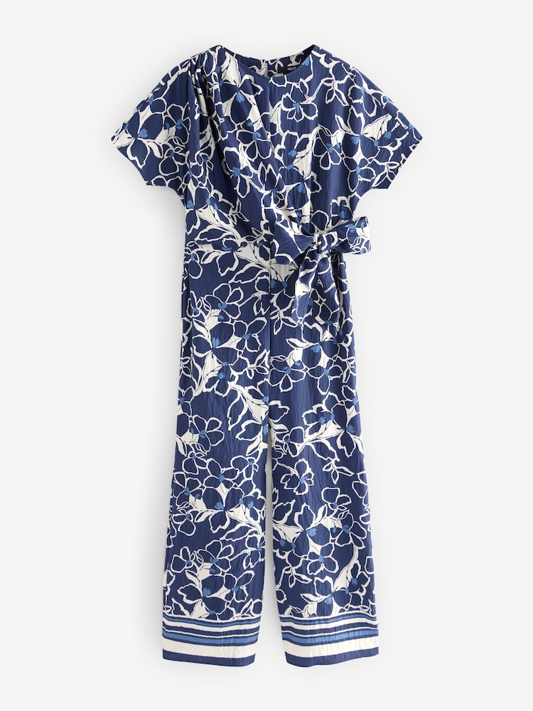 Navy Floral Tie Waist Detail Jumpsuit - Image 8 of 8