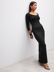 Black Long Sleeve Scoop Bodycon Soft Touch Polyamide Midi Dress - Image 1 of 7