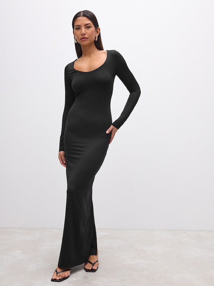 Noir - Manches longues Scoop Bodycon Soft Touch Polyamide Mi-long Robe - Image 4 of 7