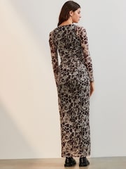 Brown Animal Long Sleeve Placement Floral Mesh Maxi Dress - Image 2 of 8