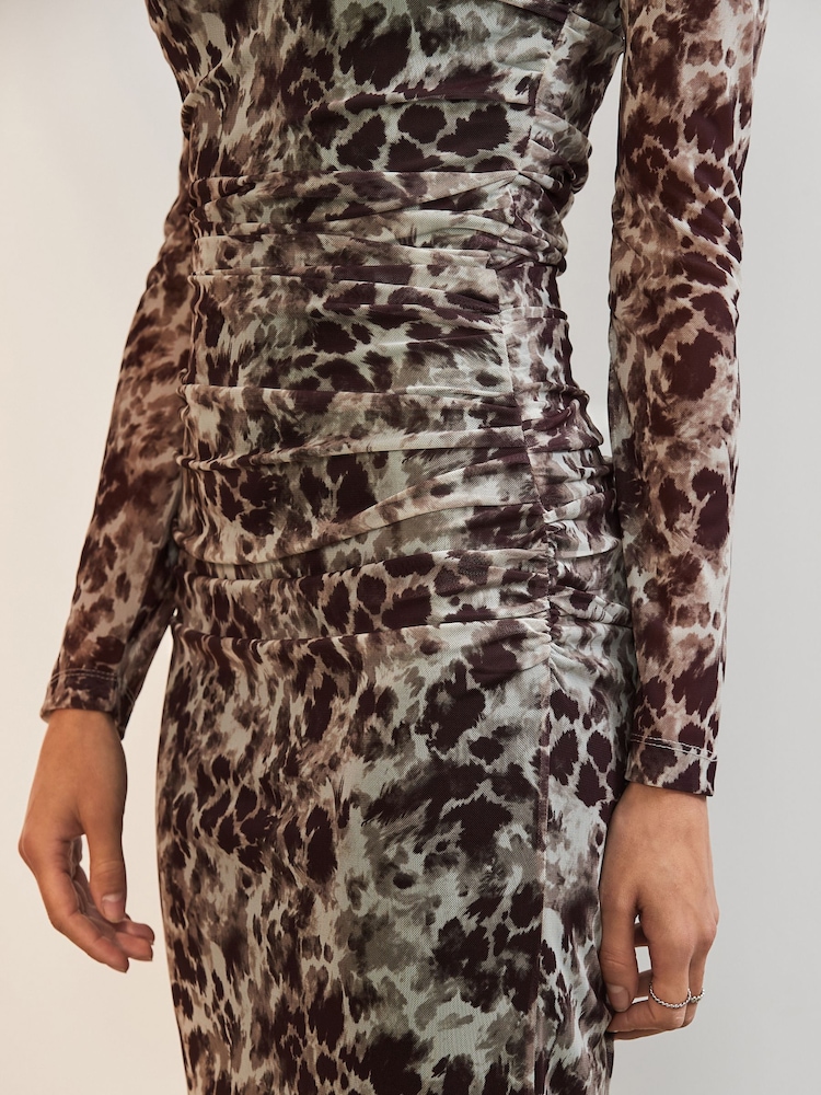 Brun Animal - Langermet Placement Blomstrete Mesh Maxikjole - Image 5 of 8