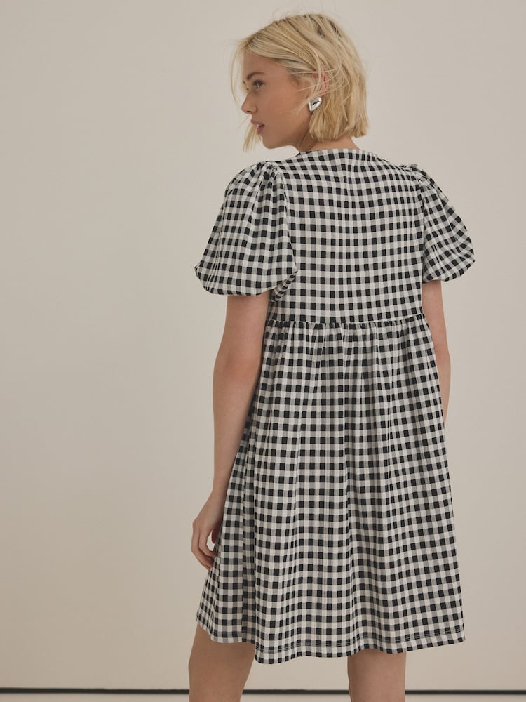 Black and White Gingham Check Textured Jersey Puff Sleeves Tie Front Detail Mini Dress - Image 2 of 8