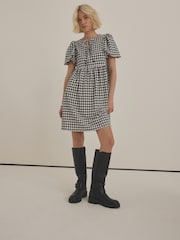 Black and White Gingham Check Textured Jersey Puff Sleeves Tie Front Detail Mini Dress - Image 4 of 8