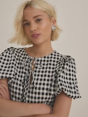 Black and White Gingham Check Textured Jersey Puff Sleeves Tie Front Detail Mini Dress - Image 5 of 8