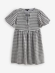 Black and White Gingham Check Textured Jersey Puff Sleeves Tie Front Detail Mini Dress - Image 6 of 8