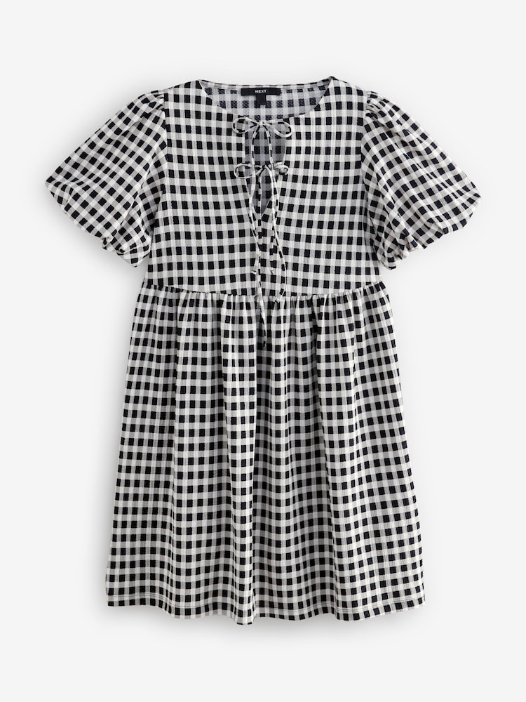 Black and White Gingham Check Textured Jersey Puff Sleeves Tie Front Detail Mini Dress - Image 6 of 8