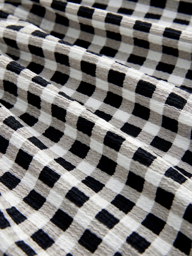 Black and White Gingham Check Textured Jersey Puff Sleeves Tie Front Detail Mini Dress - Image 7 of 8