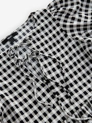 Black and White Gingham Check Textured Jersey Puff Sleeves Tie Front Detail Mini Dress - Image 8 of 8