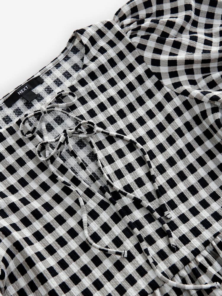 Black and White Gingham Check Textured Jersey Puff Sleeves Tie Front Detail Mini Dress - Image 8 of 8