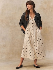 White/Black Spot Print Button Down Puff Sleeve Midi Dress with Linen - Image 2 of 4