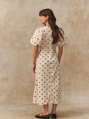 White/Black Spot Print Button Down Puff Sleeve Midi Dress with Linen - Image 3 of 4