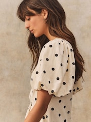 White/Black Spot Print Button Down Puff Sleeve Midi Dress with Linen - Image 4 of 4