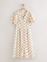 White/Black Spot Print Button Down Puff Sleeve Midi Dress with Linen - Image 5 of 7