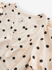 White/Black Spot Print Button Down Puff Sleeve Midi Dress with Linen - Image 6 of 7