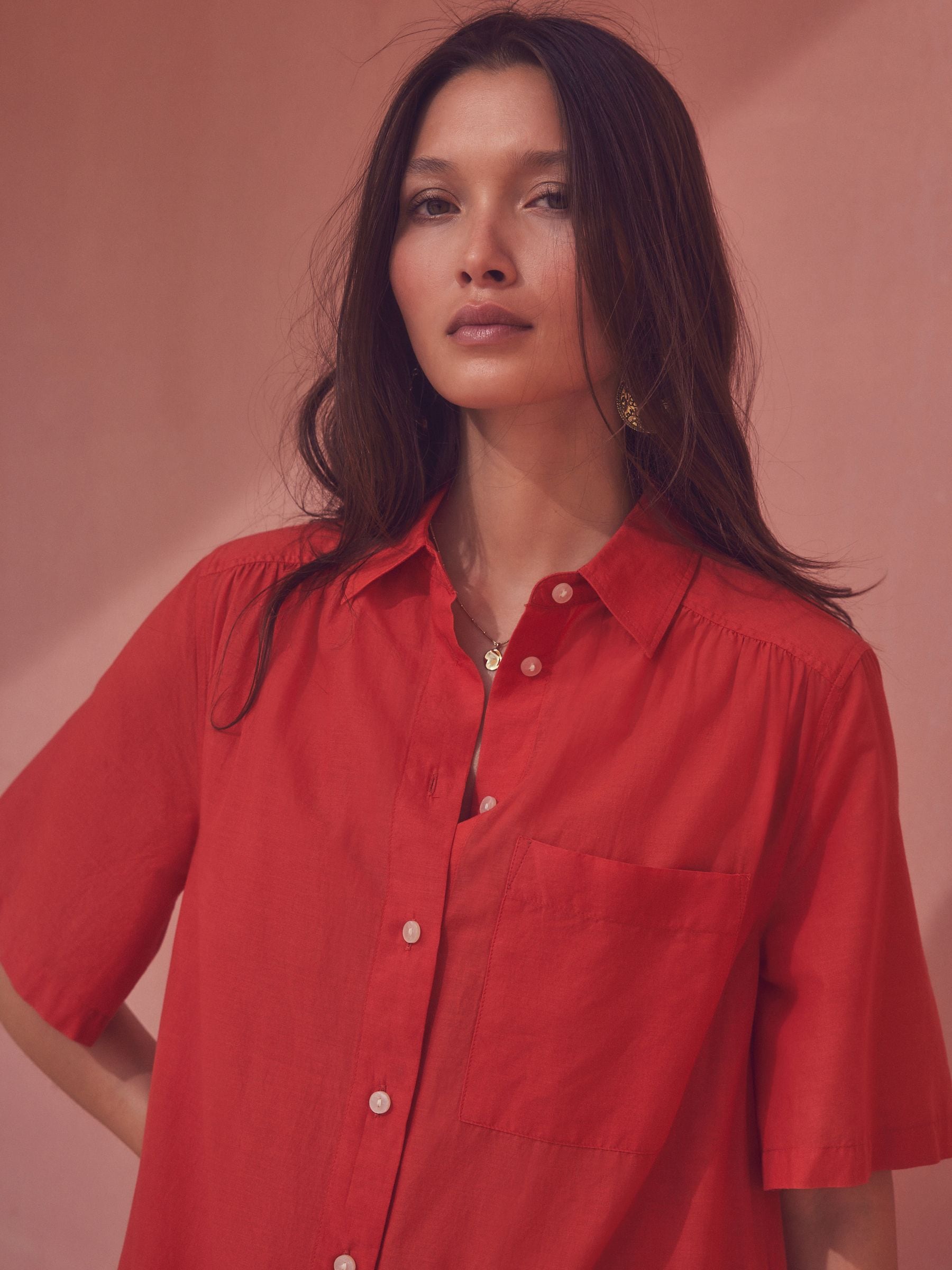Buy Red Short Sleeve Drop Waist 100% Cotton Maxi Shirt Dress