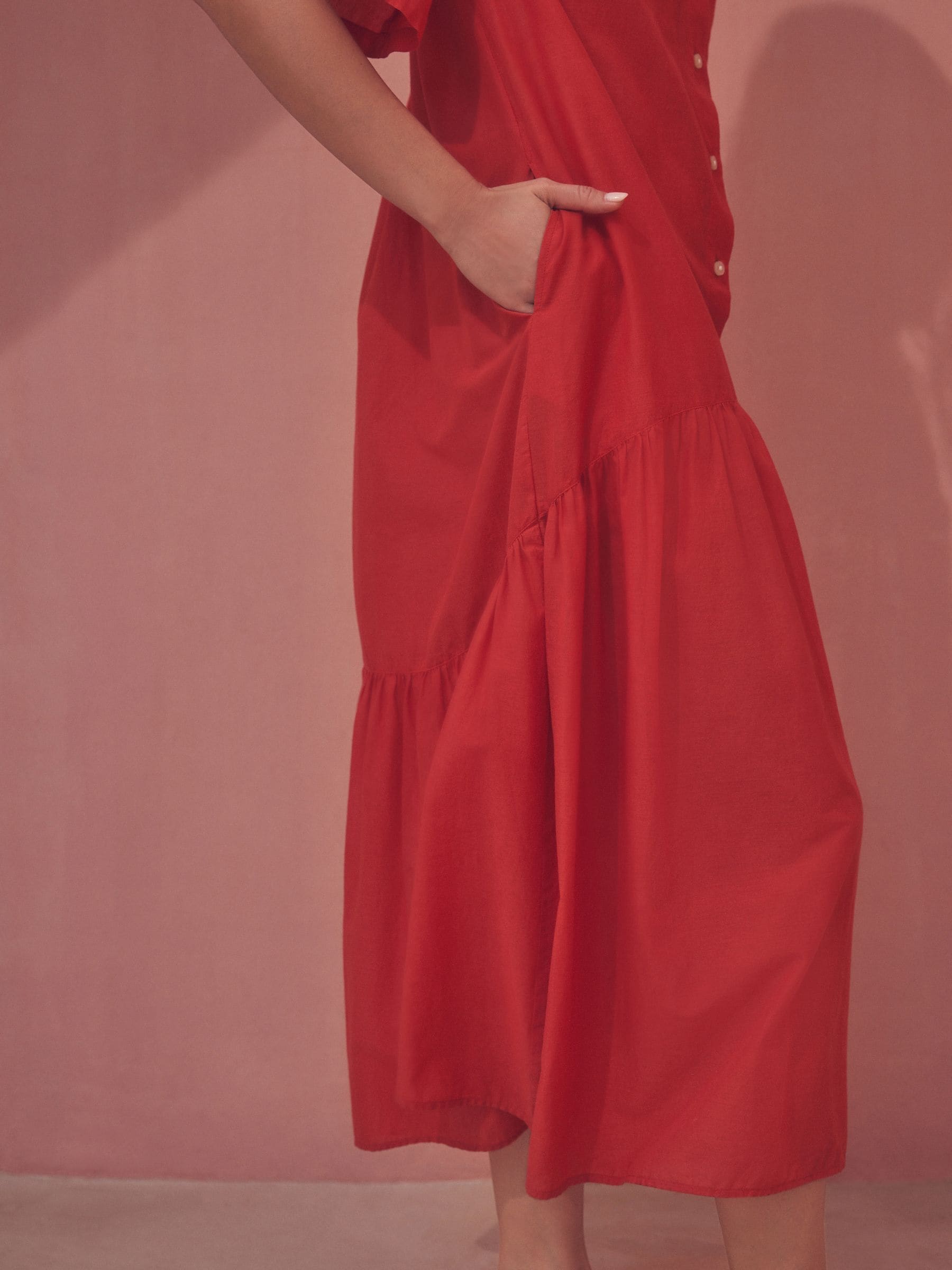 Buy Red Short Sleeve Drop Waist 100% Cotton Maxi Shirt Dress